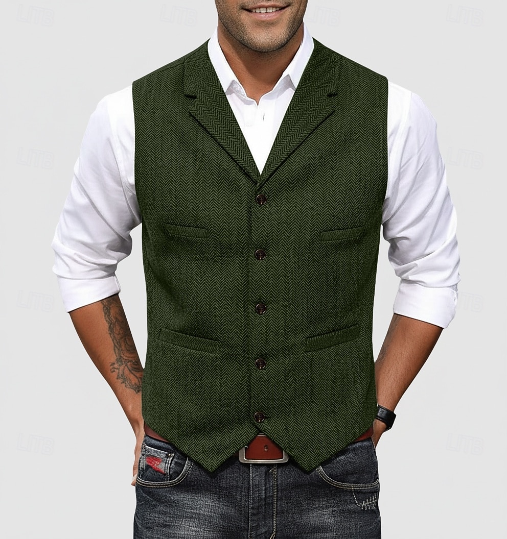Per uomo Gilet in tweed Gilet Formale Matrimonio Vacanza Casuale Vintage Moda Primavera Autunno Tasca Bottoni Poliestere Tweed Confortevole Semplice Spina di Pesce Monopetto Scollo a V Con intaglio del 2026 a $37.99 –P1