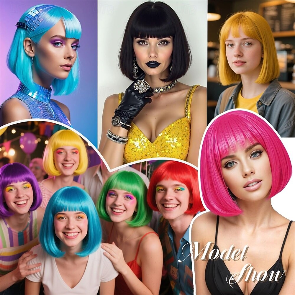 Peruca de Carnaval 2026 Vermelho Azul Branco Liso Bob Curto Peruca sintética para festivais Mardi Gras Parada Cabelo para fantasia de cosplay para Feminino de 2026 por $21.99 –P2