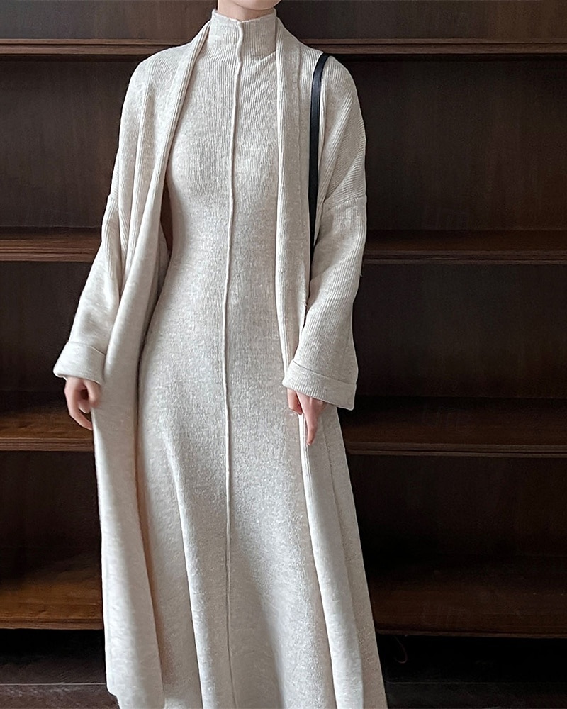 Women's Long Dress Maxi Dress Knit Dress Casual Dress Dress Set Elegant Fashion Modern Outdoor Daily Going out Regular Fit Plain Long Sleeve Stand Collar Beige Winter Autumn 2025 - $56.99 –P3