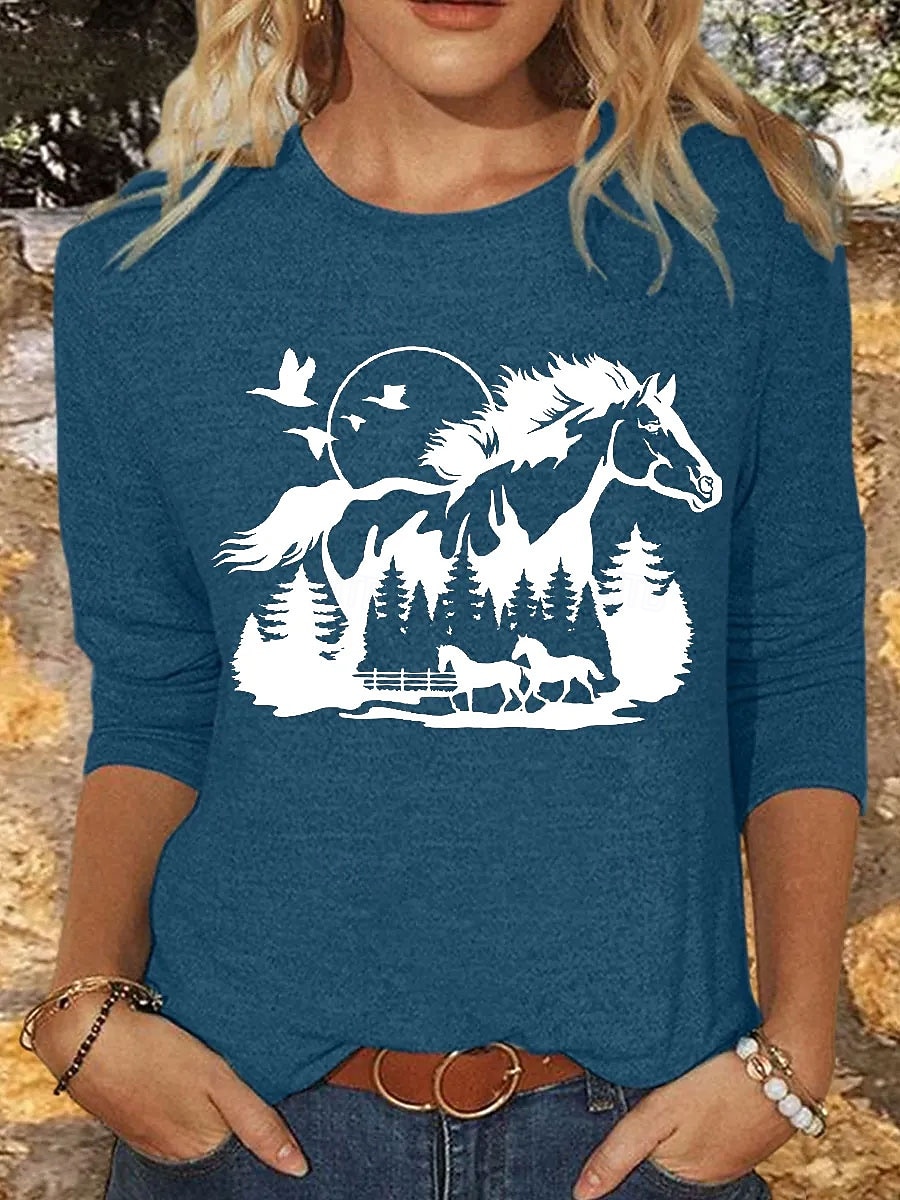 Damen T Shirt Druck Grafik Tiermotiv Pferd Vintage Stilvoll Klassisch Langarm Rundhalsausschnitt Rundhals Normale Oberteile Täglich Blau Rosa Khaki Grau Frühling Herbst Winter 2026 - $24.99 –P2