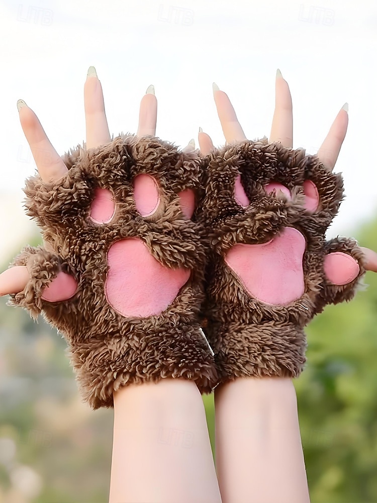 Luvas de pelúcia femininas com garras de gato – luvas fofas e peludas com garras de gato, luvas sem dedos quentes e macias para inverno, para cosplay, Halloween e uso diário de 2026 por $7.99 –P1
