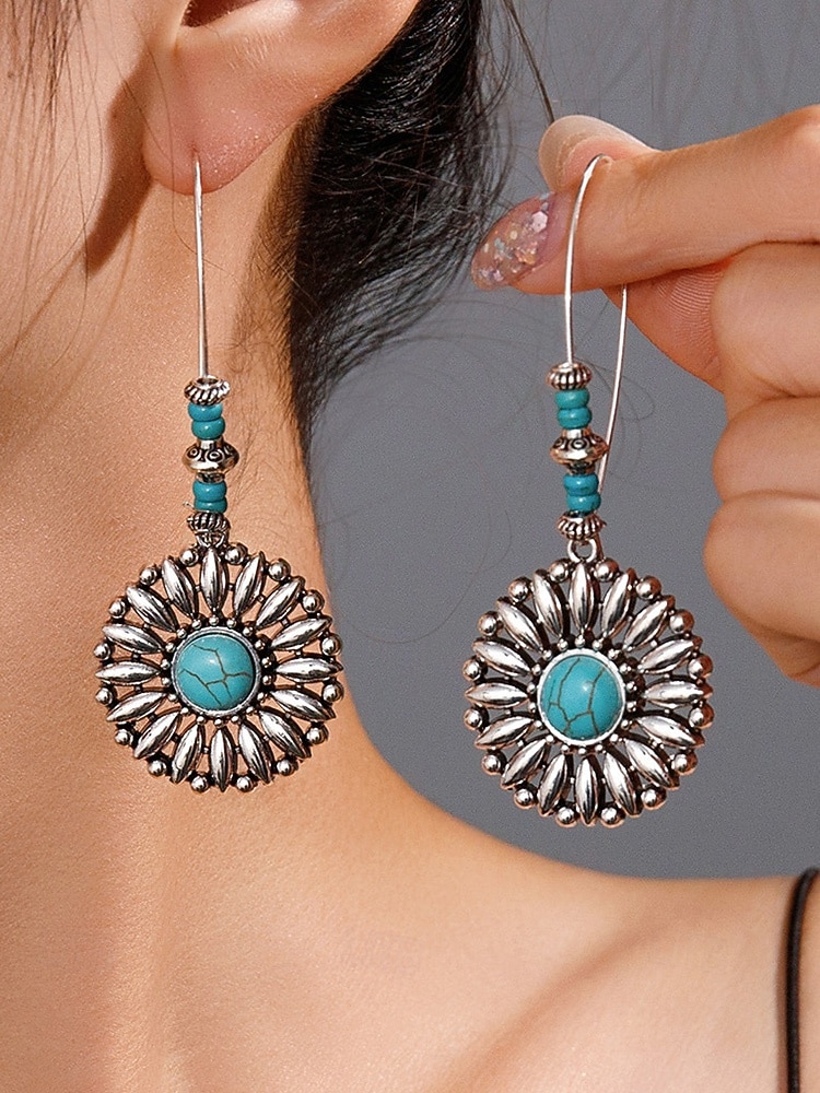 Boheemse oorbellen met bloemen en turquoise steen voor dames, vintage oorbellen van legering voor casual gebruik, op het strand en op feestjes 2026 - $7.99 –P2