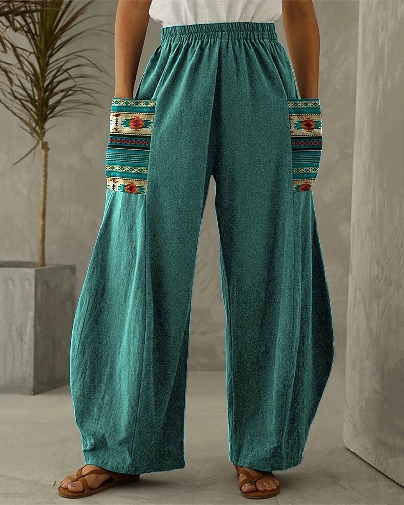 Per donna Gamba larga Pantaloni Vacanza Stile Etnico Casual Lunghezza intera Vita Alta Grafico Tasca Fascia Elastica Stampato Comodo Traspirabilità Inelastico Vacanza Casuale Quotidiano Blu pavone del 2025 a $37.99 –P1
