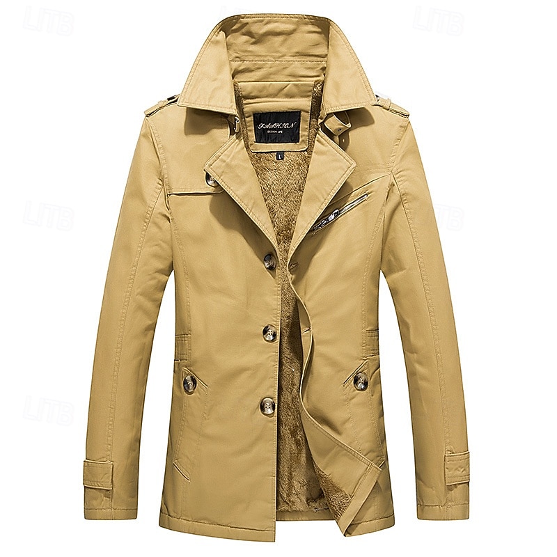 Herr Fleece-jacka Peacoat Trenchcoat Semester Dagligen Höst Vinter 100 % bomull Håller värmen Ytterkläder Kläder Mode Klassisk Slät Ficka Kavajslag Enkelknäppt 2025 - $48.99 –P20