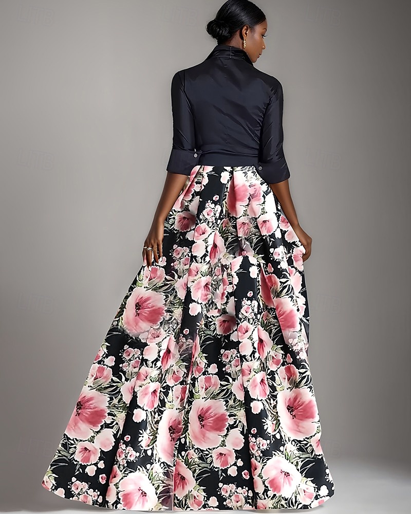 Abito madre della sposa A-Line abito elegante a righe floreali abito a camicia elegante con fiocco pieghe lungo fino al pavimento colletto a camicia in satin maniche 3/4 con bottoni primavera estate del 2025 a $204.99 –P3