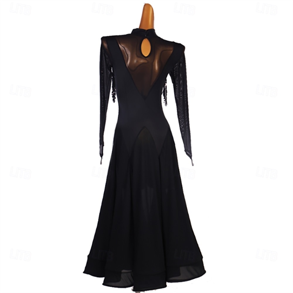 abito da ballo da sala nero da donna con dettagli in paillettes, maniche lunghe e gonna svasata: perfetto per balli latini, tango e performance del 2025 a $157.99 –P2