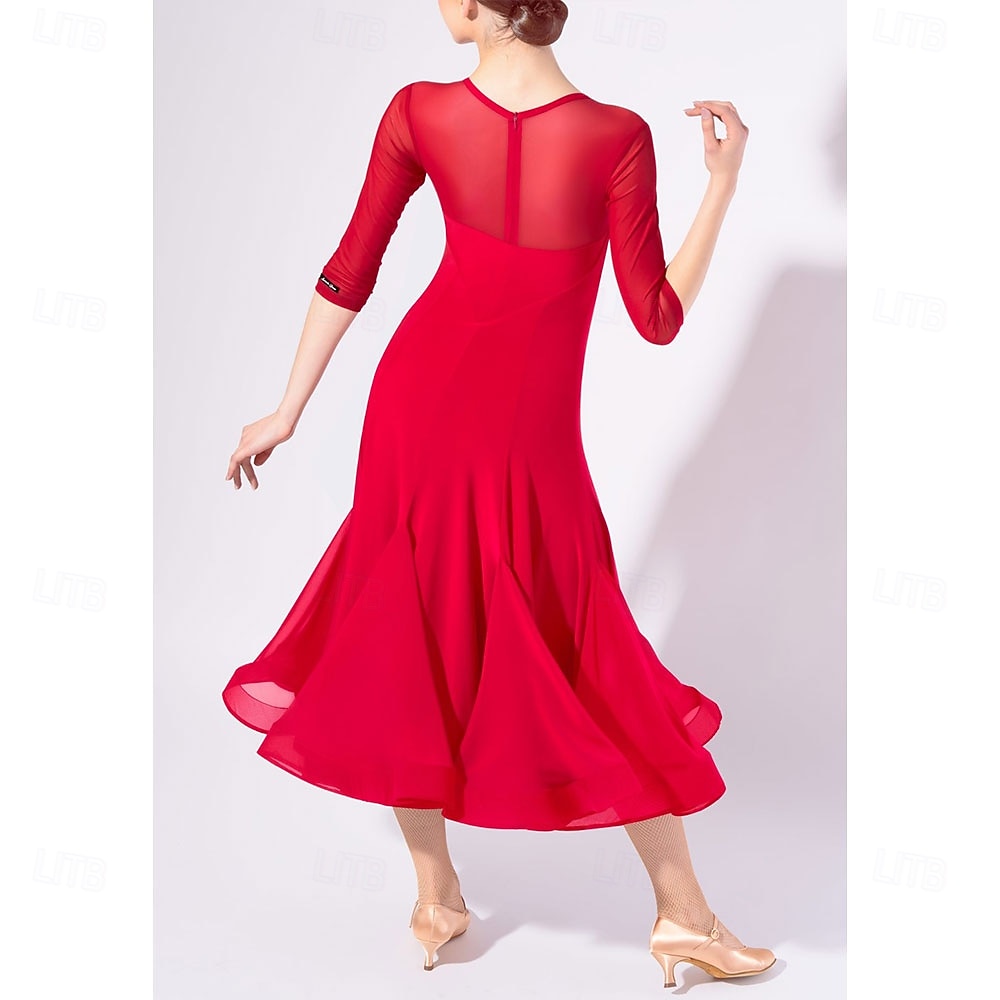 Women's Red Ballroom Dance Dress Flared Skirt, and Heart-Shaped Bodice - Elegant Performance Wear for Latin, Salsa, and Social Dance