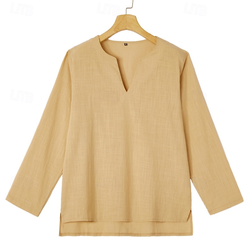 Voor heren Overhemd Linnen overhemd Zomer overhemd Strand hemd Effen Kleur Vakantie Casual Zwart Wit Groen Khaki Lange mouw V-hals Alle seizoenen Kleding Standaard 2026 - $7.99 –P13