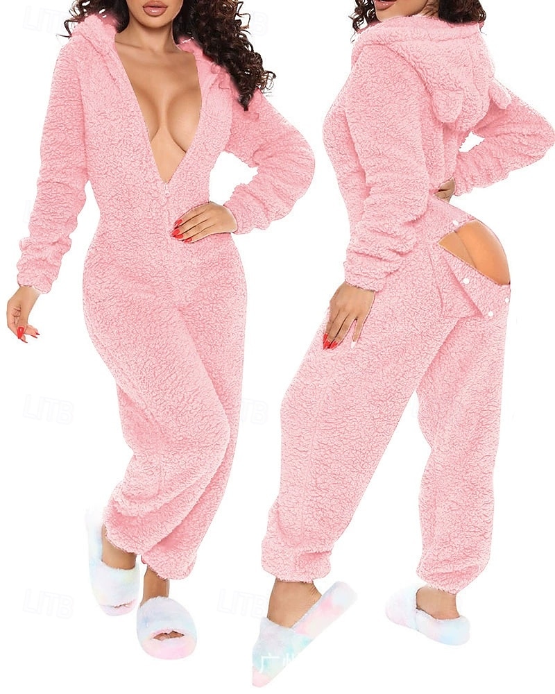 Dam Onesies Ledigt Komfort Comfrt Ren färg Ficka Jul Hem Långärmad Luvtröja Rodnande Rosa Vin Rubinrött Fuchsia Brun Vår Höst Vinter 2025 - $48.99 –P1
