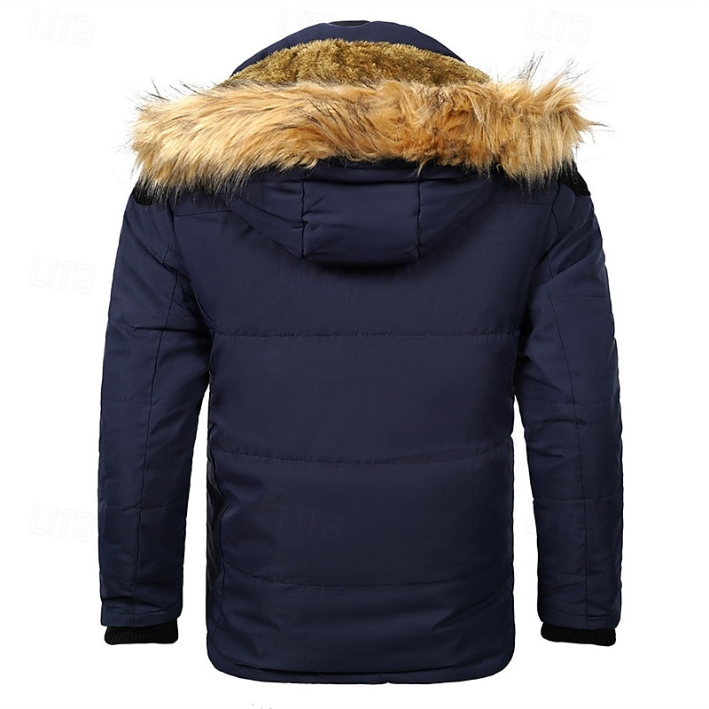 Men's Winter Coat Fleece Jacket Parka Pocket Fleece Polyster Vacation Daily Wear Date Regular Fashion Casual Comfortable Thermal Warm Fall Winter Solid / Plain Color Black Khaki Dark Blue Puffer 2025 - $66.99 –P7