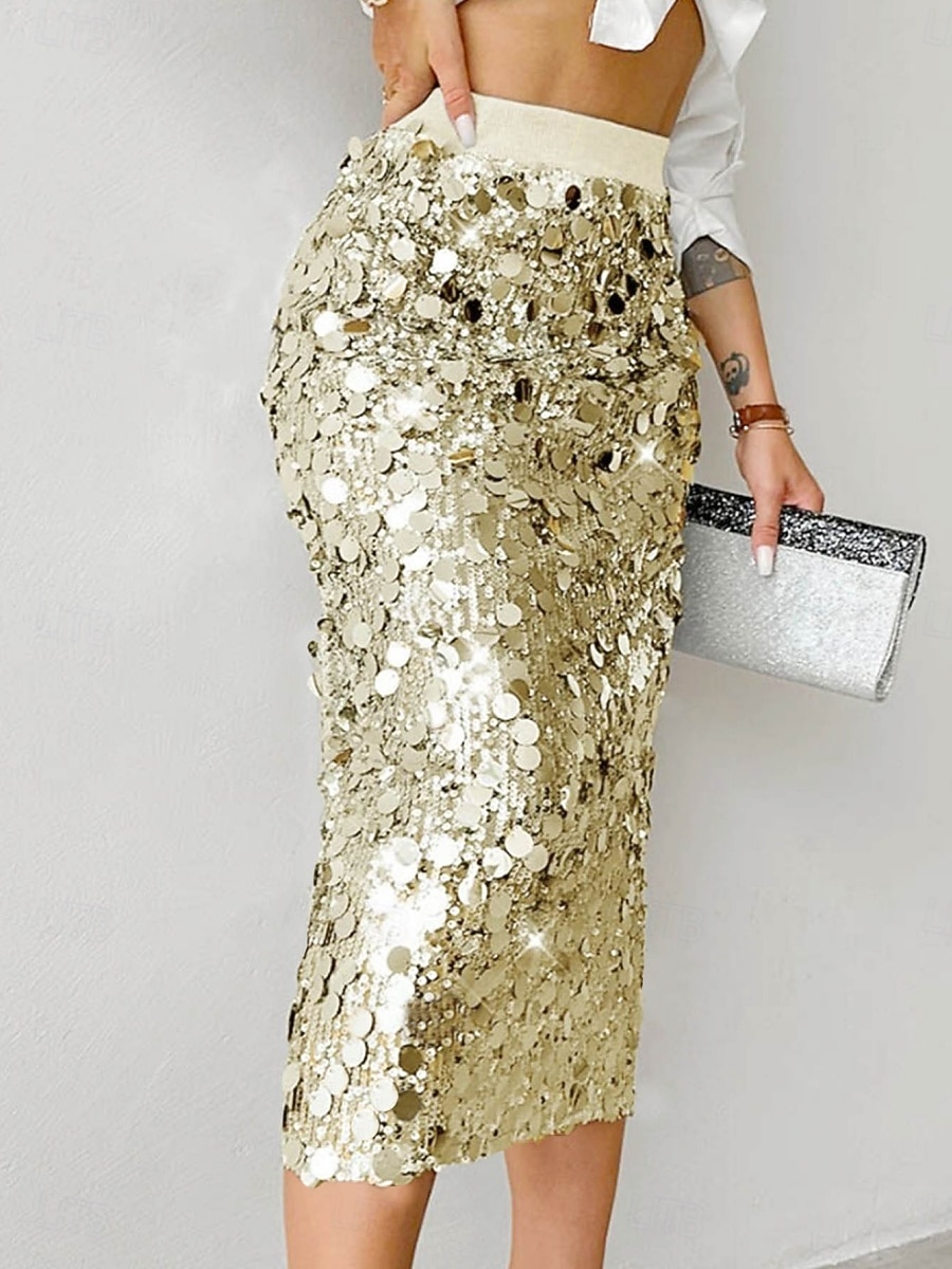 Per donna Gonna Aderente Elegante Moda Midi Vita Alta Gonne Semplice Paillettes Elasticizzato Feste Streetwear Argento Nero Oro Primavera Poliestere del 2025 a $47.99 –P5