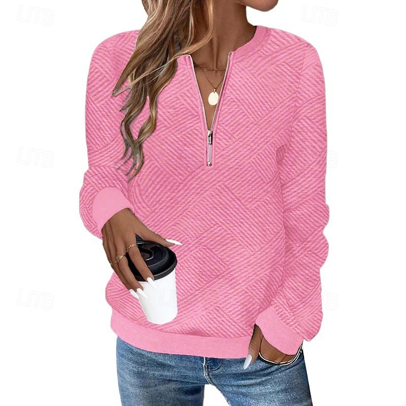 Dámské Mikina s texturou Pullover Bez vzoru Šik ven Na běžné nošení Pohodlný Dlouhý rukáv Do V Běžné topy ulice Dovolená Jdeme ven Čtvrtletní zip Černá Bílá Světlá růžová Šedá Podzim 2025 - $28.99 –P3