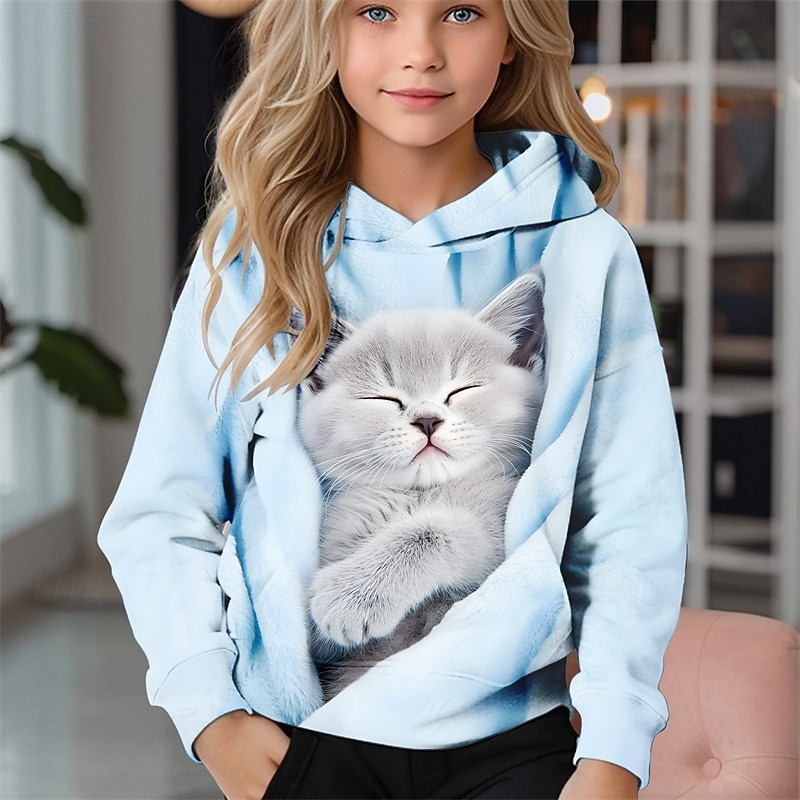 Flickor 3D Katt Huvtröja Långärmad Höst Vinter Mode Förtjusande Grundläggande Barn 4-12 år Huva Utomhus Ledigt Dagligen Normal 2025 - $18.99 –P5