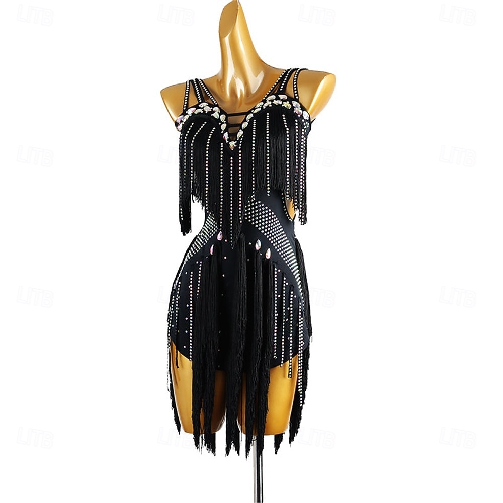 Women's Black Fringe Latin Dance Dress with Rhinestone Detailing, Sleeveless, and Crisscross Straps – Perfect for Salsa, Rumba, and Performance Wear 2026 - $222.79 –P2