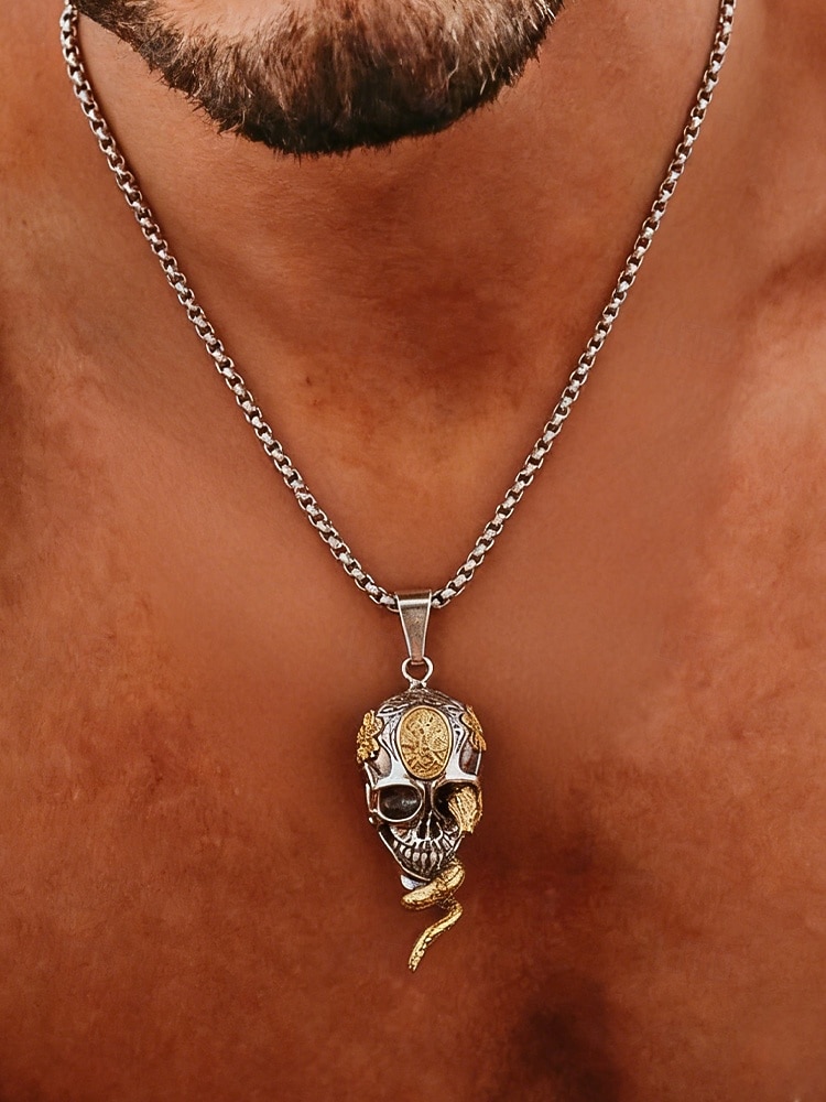 Collana con ciondolo a forma di serpente e teschio di Halloween da uomo, gioielli in lega in stile punk gotico per feste, cosplay e festival del 2025 a $9.99 –P3