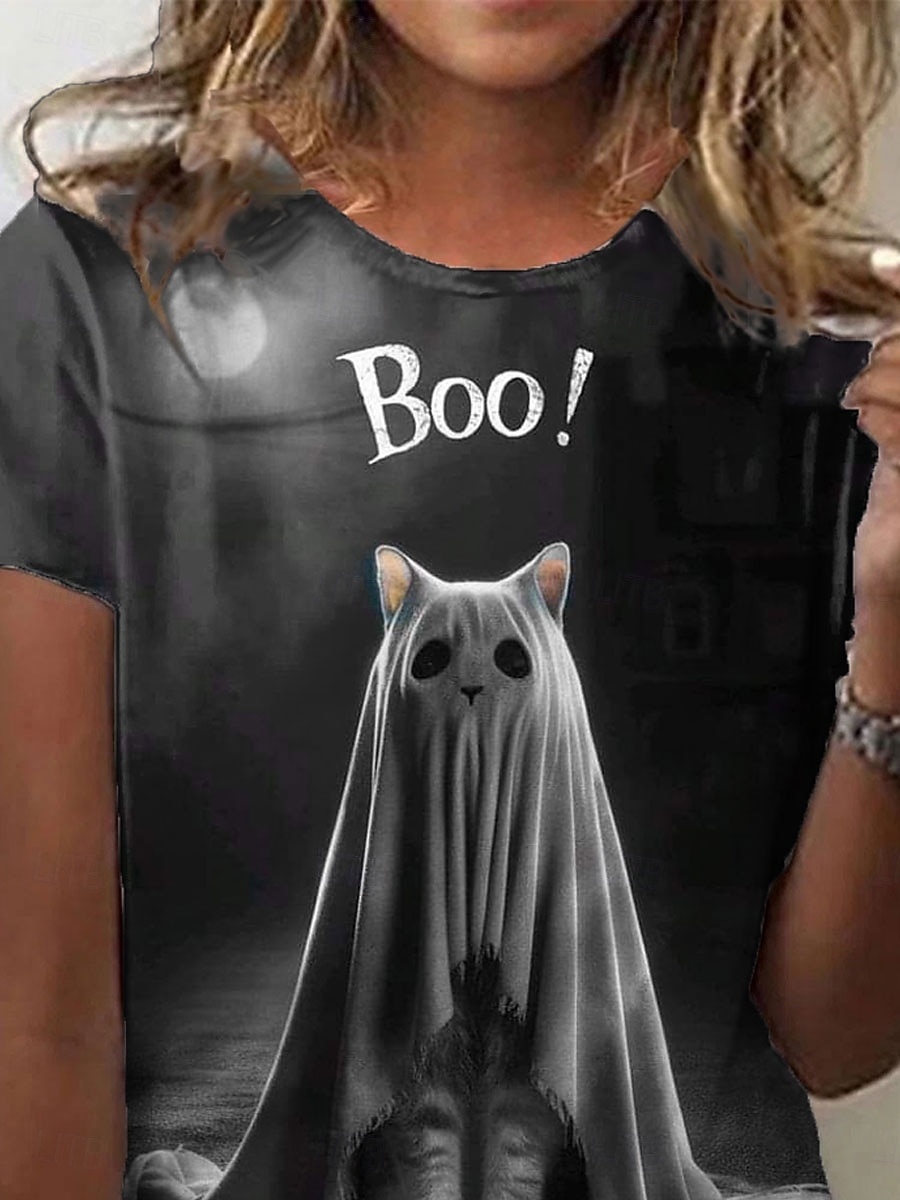 Women's T Shirt Graphic Cat Ghost Vintage Stylish Classic Short Sleeve Crew Neck Regular Tops Daily Going out Weekend Print Black Summer Fall 2026 - $22.99 –P2