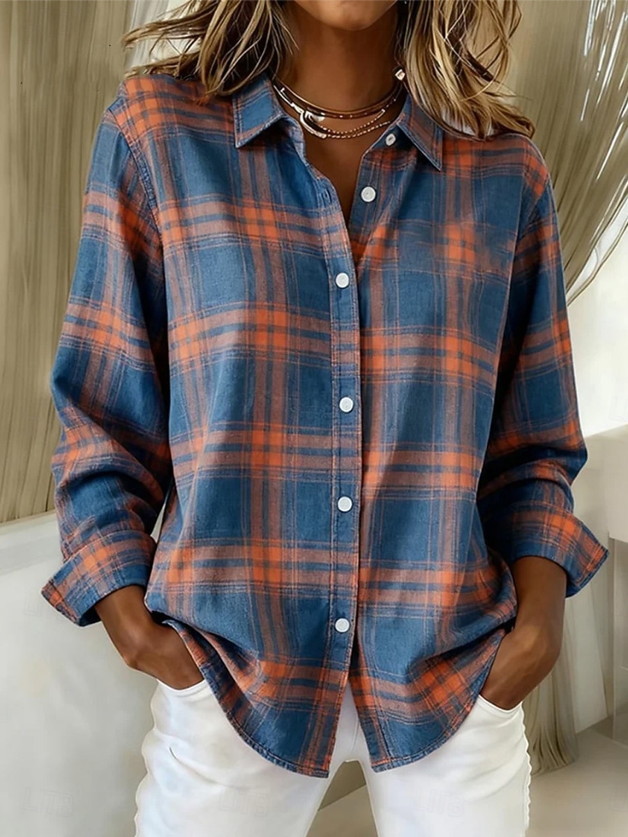 Жен. Рубашка Блуза Пэчворк Пуговицы С принтом В клетку На каждый день Длинный рукав Рубашечный воротник Обычные топы Повседневные Синий Черный Розовый Красный Пыльно-синий Осень Зима 2026 - $32.99 –P1