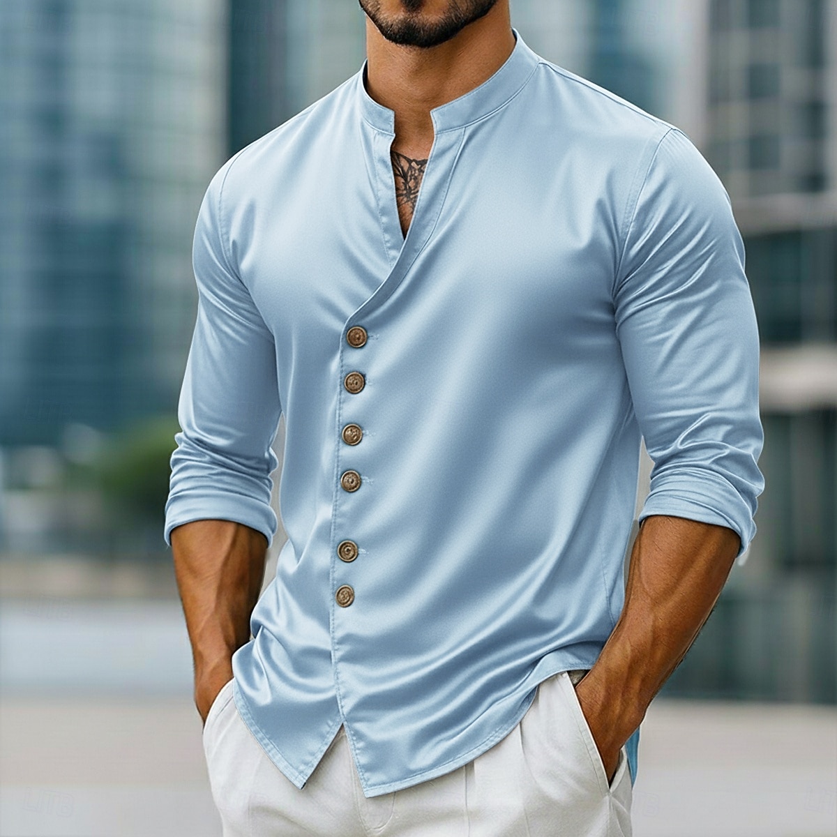 Bărbați Cămașă Cămașă din satin Cămașă de Costum Cămașă casual Camașă cu nasturi Cămașă de bal Simplu Oficial Nuntă Albastru Deschis Negru Alb Albastru regal Manșon Lung În V Toate Sezoanele 2025 - $25.99 –P5