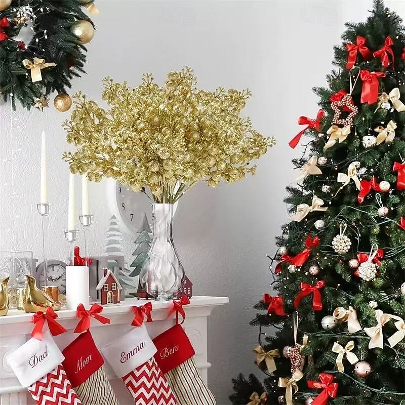 12 kpl joulumarjojen varsia, kimaltelevan kultaisia joulutähtioksia marjoineen ja lehtineen, elegantteja muovikukkia joulukuuseen, kranssiin, juhla- ja kotikoristeisiin 2025 - $14.49 –P5