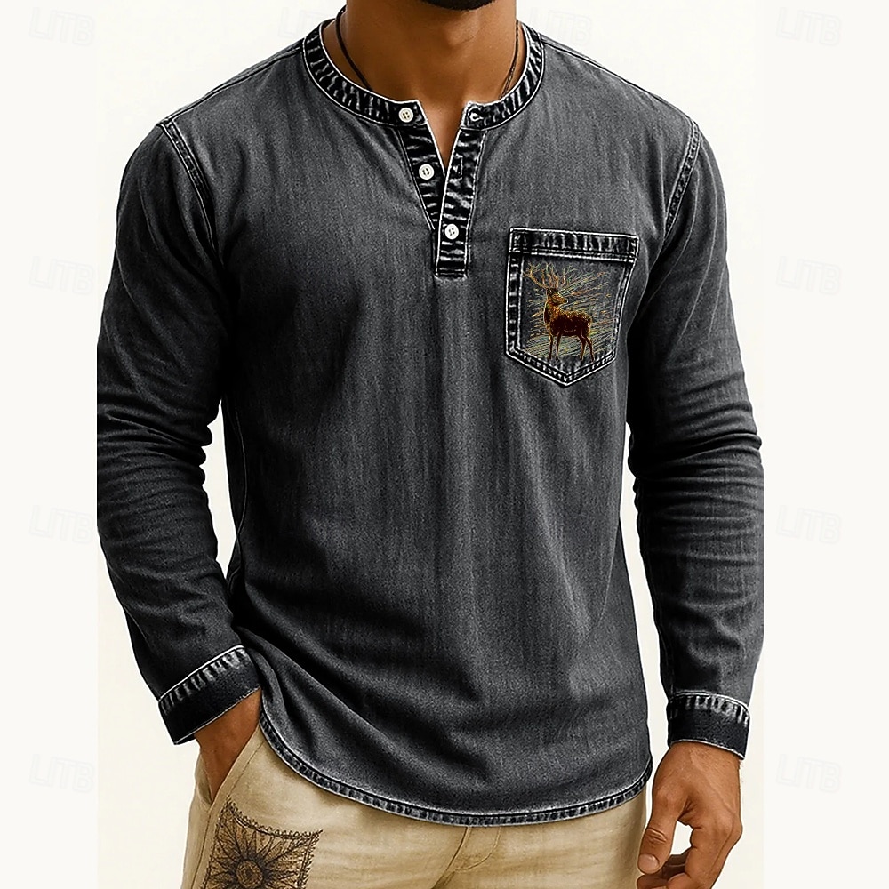 Voor heren Henley-shirt T-shirts T-shirt Shirt met lange mouwen Lange mouw Henley Herfst Winter Rendier Hert Modieus Ontwerper Mode Wijnoogst Vakantie Straat Uitgaan Donker Bruin Marine Zwart Top 2025 - $38.99 –P9