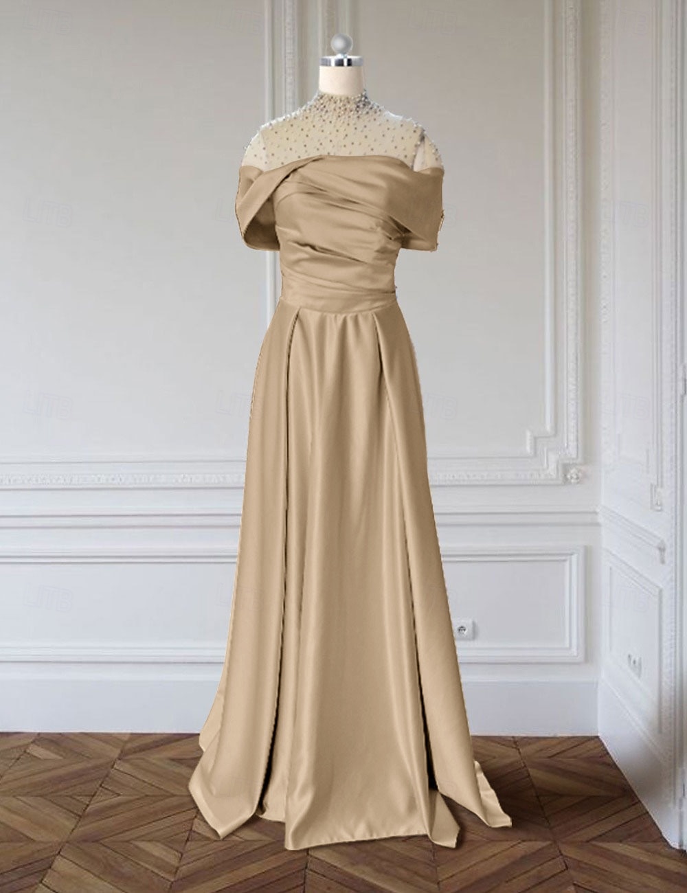 Ligne A Longueur au sol Robes de Bal Robe de Soirée Tenue de soirée Élégant Manche Courte Col Illusion Formel Satin avec Froncé Perlage de 2025 ? $169.99 –P3