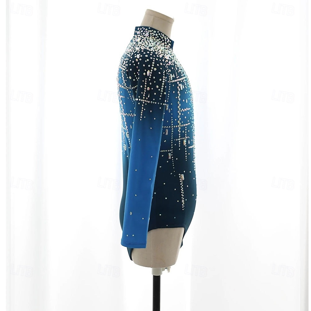 Figure Skating Top Men's Boys' Ice Skating Tops Blue Patchwork Spandex High Elasticity Training Competition Skating Wear Classic Crystal / Rhinestone Long Sleeve Ice Skating Figure Skating 2026 - $338.09 –P8