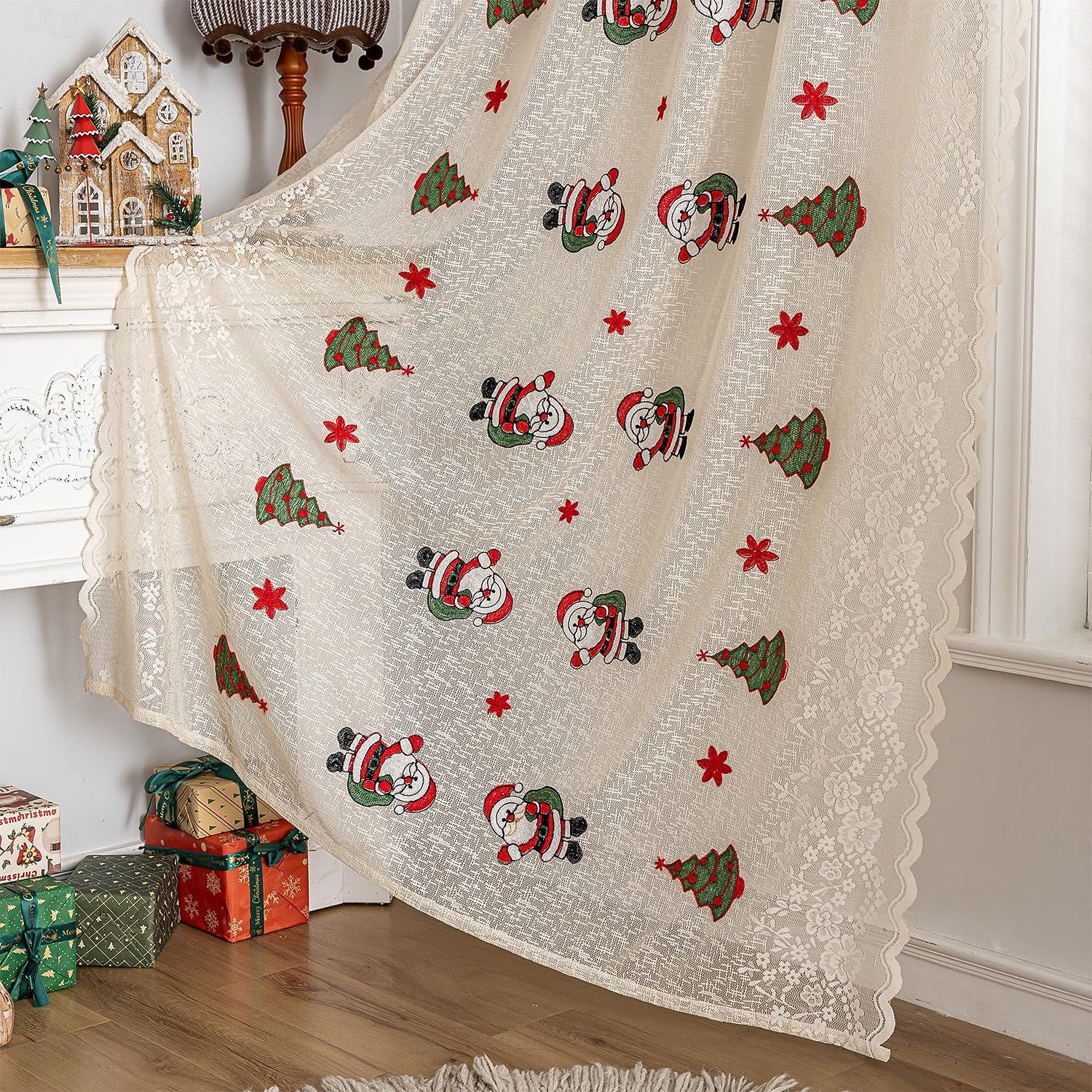 Julbroderade utskurna gardiner, julgardiner för vardagsrum och sovrum, färdiga i europeisk-amerikansk stil 2025 - $9.49 –P14