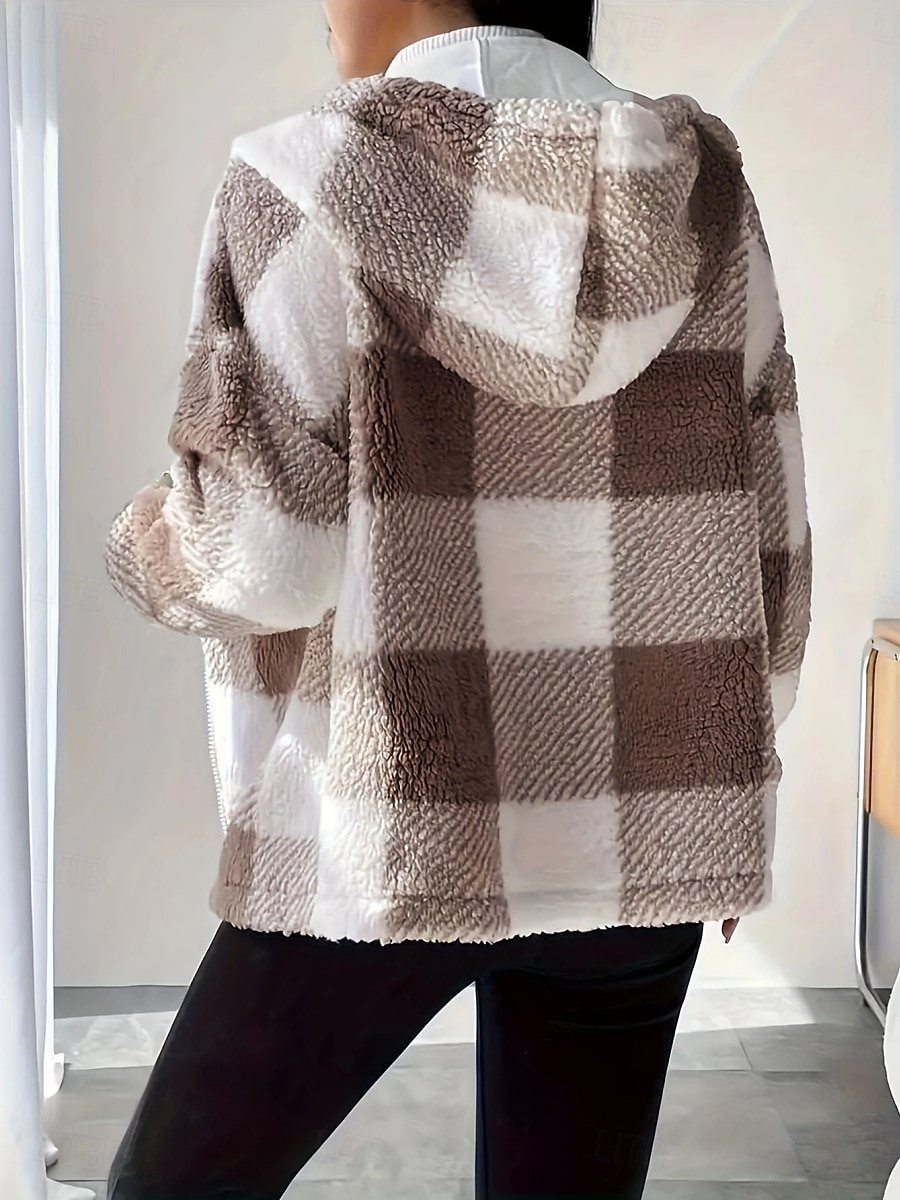 Жен. Флисовая жилетка Пальто тедди Удобный Дышащий Карман Пуговицы С принтом На каждый день В клетку Отпуск Для улицы Повседневные На каждый день Молния Обычная Капюшон Стандартный Длинный рукав 2025 - $43.99 –P2