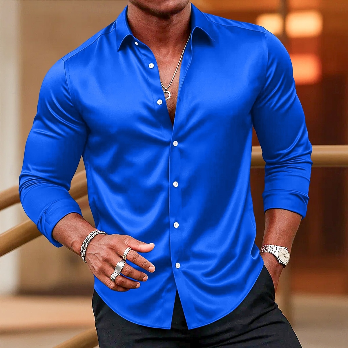 Per uomo Camicia Camicia in raso Camicia elegante Camicia casual Camicia con Bottoni Camicia da Ballo Semplice Formale Matrimonio Blu chiaro Nero Bianco Vino Manica Lunga Bavero Tutte le stagioni del 2025 a $23.99 –P3