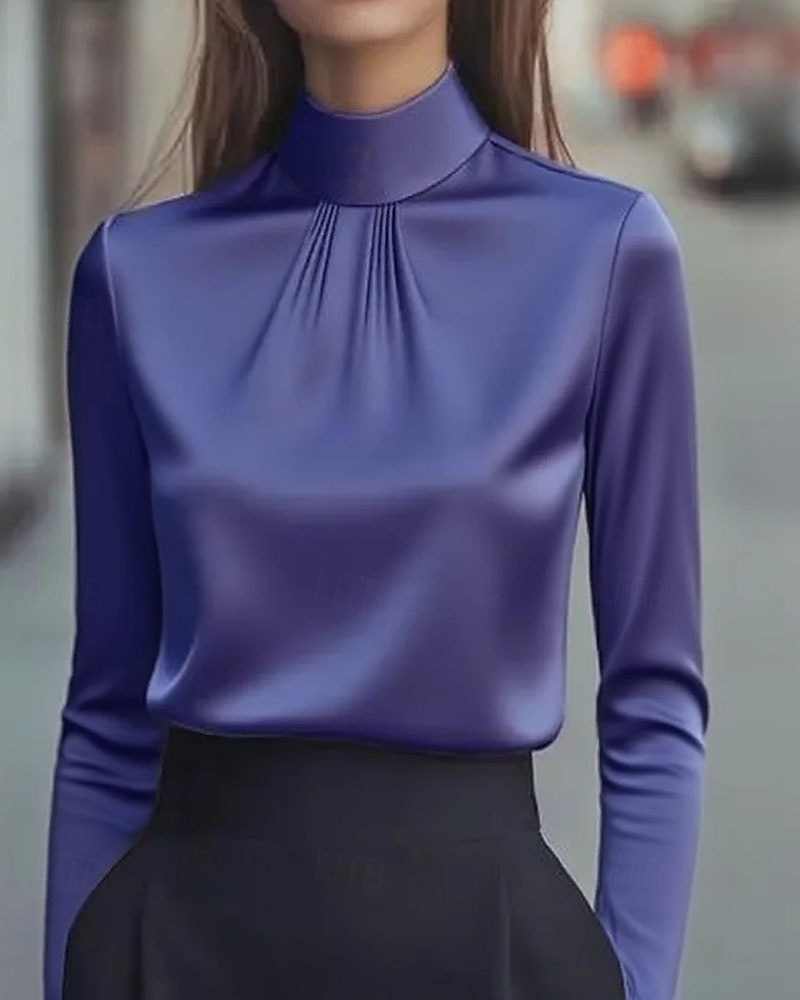 Women's Shirt Dressy Blouse Plain Elegant Stylish Long Sleeve High Neck Regular Tops Work Holiday Going out Ruched Black White Purple Khaki Spring Fall 2025 - $21.99 –P5