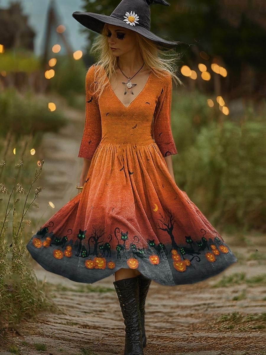Halloween Damen Midi Kleid mit Hexen-Print A-Linie Kleid Urlaub Party Casual Party Regulär Passform Grafik Kürbis Langarm V-Ausschnitt Schwarz Lila Orange Braun Frühling Herbst 2025 - $36.99 –P1
