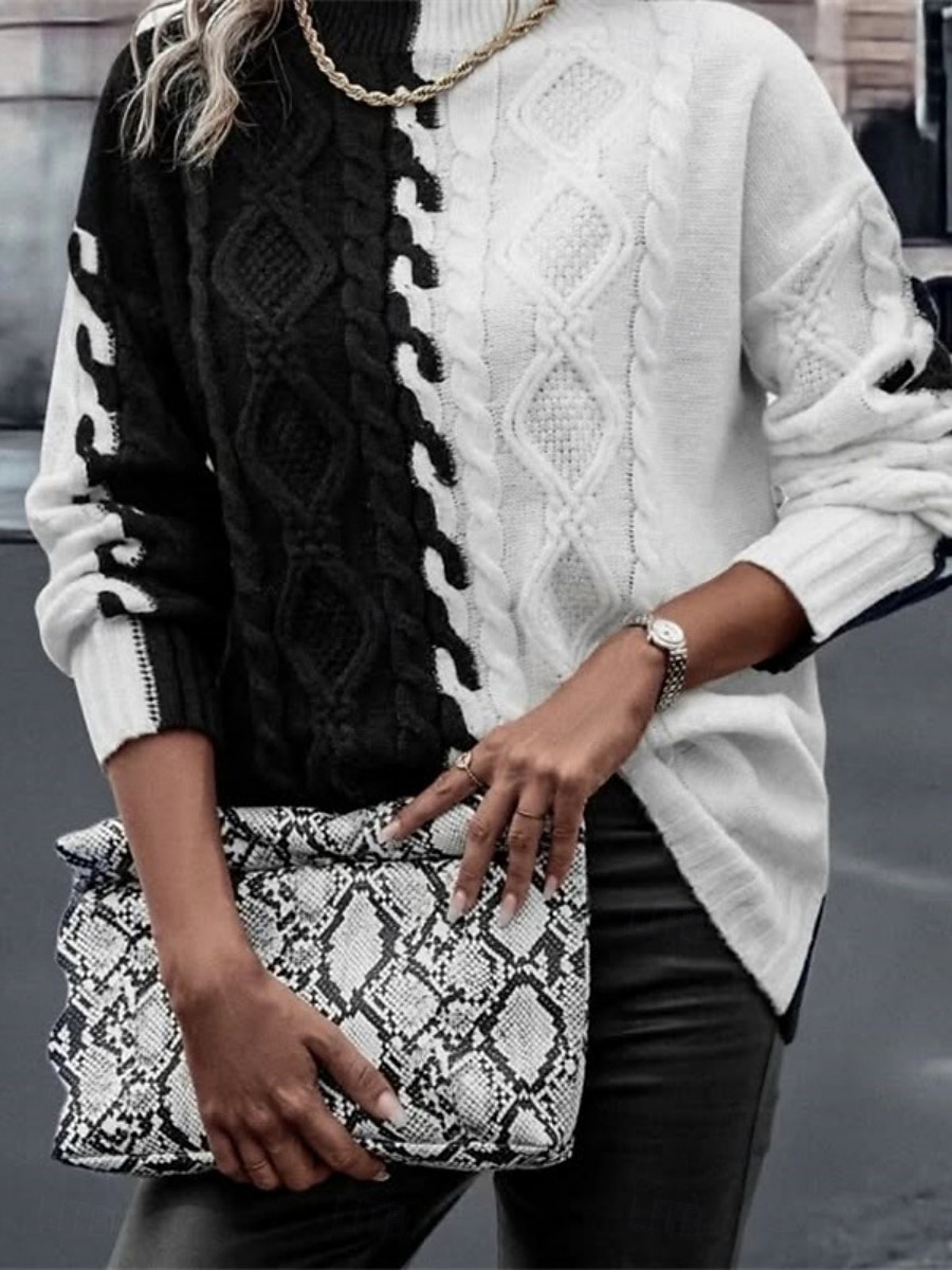 Damen Pullover Lässig Weich Farbblock Gerippt Stehkragen Gestrickt