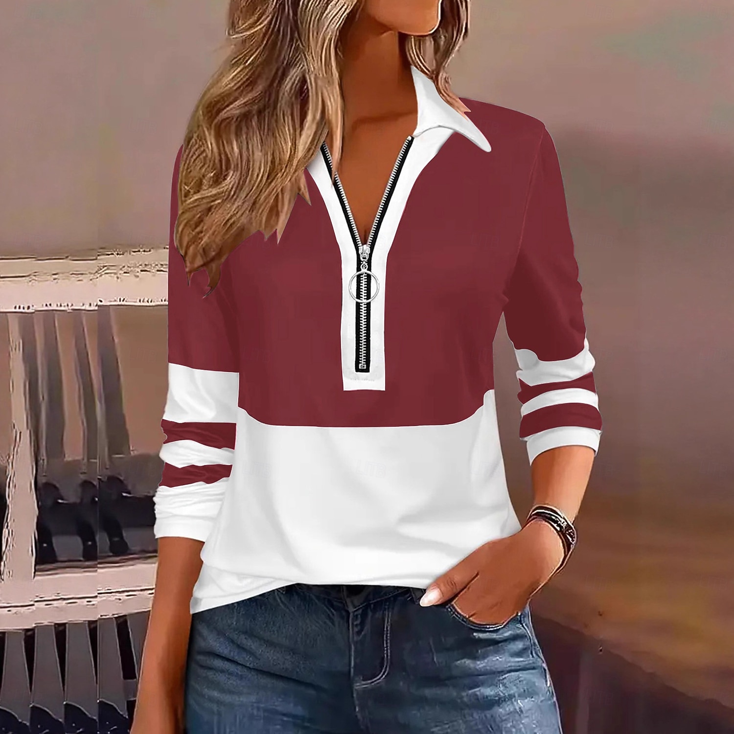 Жен. Туника Четверть молния Сплошной цвет Контрастных цветов Элегантный стиль Винтаж Стиль Длинный рукав Вырез под горло Обычные топы Повседневные Синий Черный Винный Коричневый Зеленый Весна Осень 2026 - $27.99 –P4