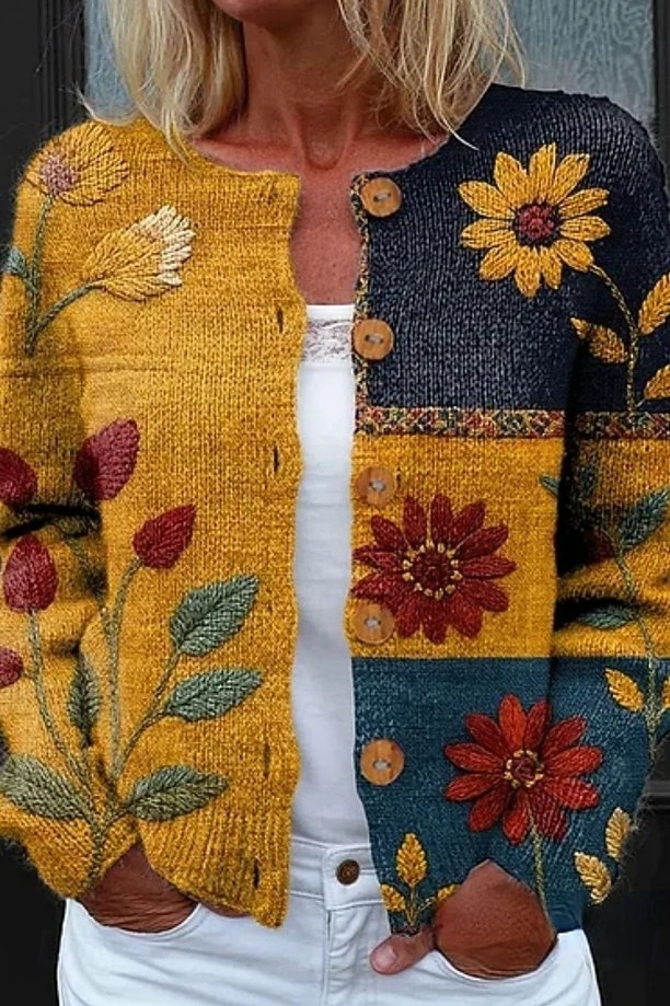 Naisten Neule Päivittäin Kukka Joustin Tiukka pyöreä kaula-aukko Napit Painettu Pitkähihainen Tavalliset topit Neuloa ulko- Viikonloppu Musta Keltainen Kevät Syksy 2025 - $36.99 –P6