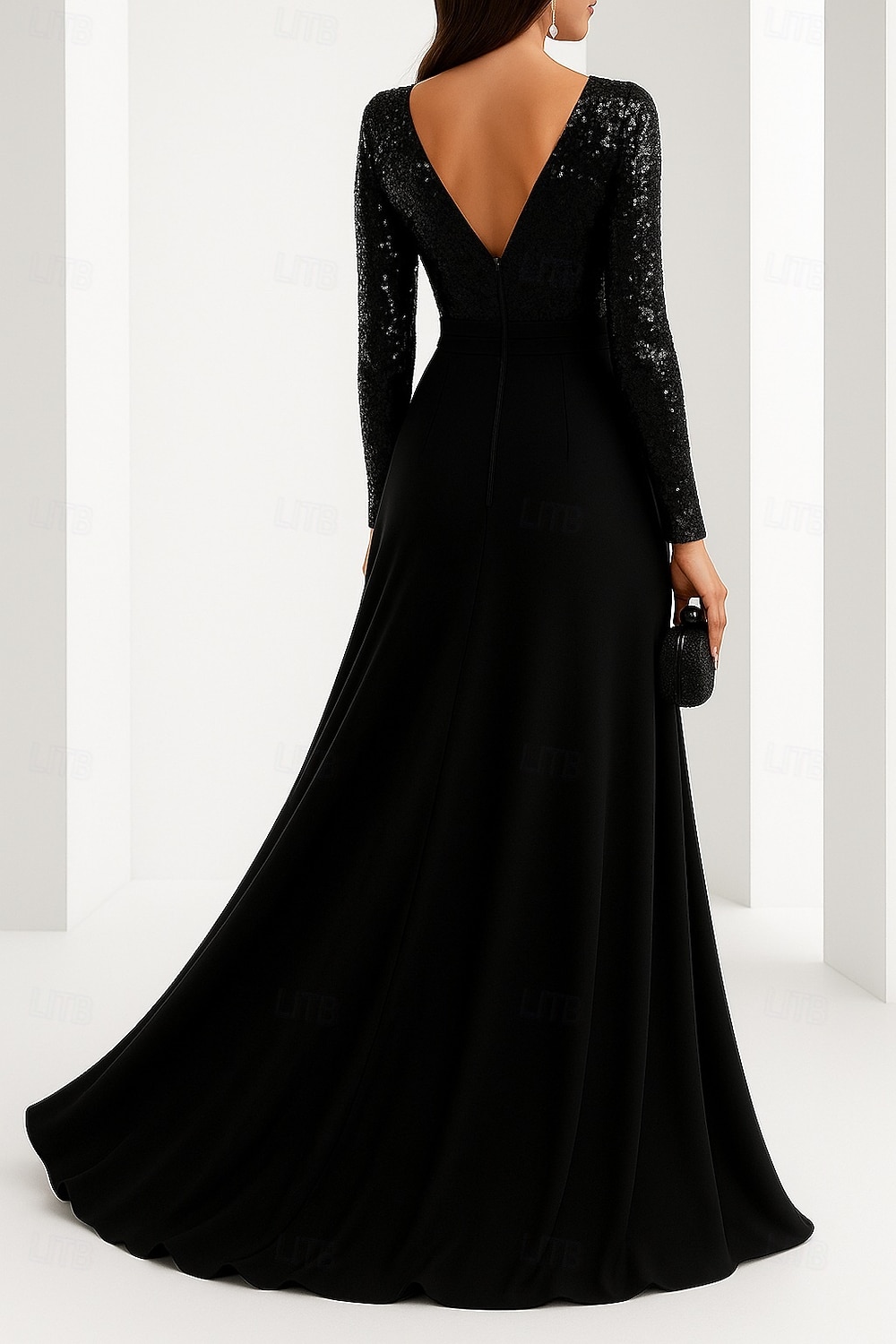 Abendkleid in A-Linie mit schwarzer Krawatte, elegantes Abendkleid für formelle Hochzeiten, bodenlang, lange Ärmel, V-Ausschnitt, Pailletten mit Glitzerfalten 2025 2025 - $149.99 –P2