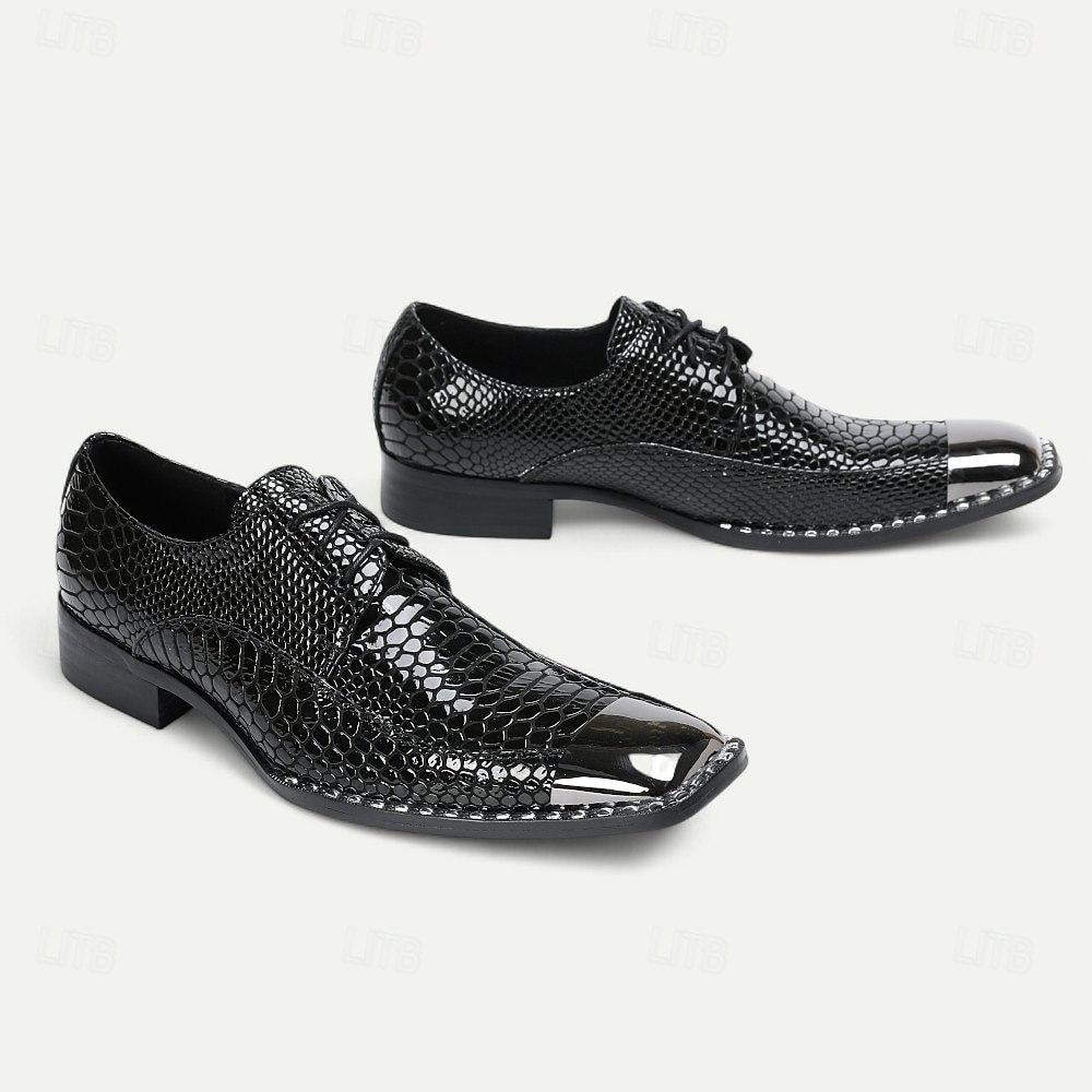 Sapatos sociais masculinos de couro legítimo bordô com estampa de cobra e cadarço e biqueira de metal – sapatos da moda para banquetes e coquetéis de 2026 por $129.99 –P11