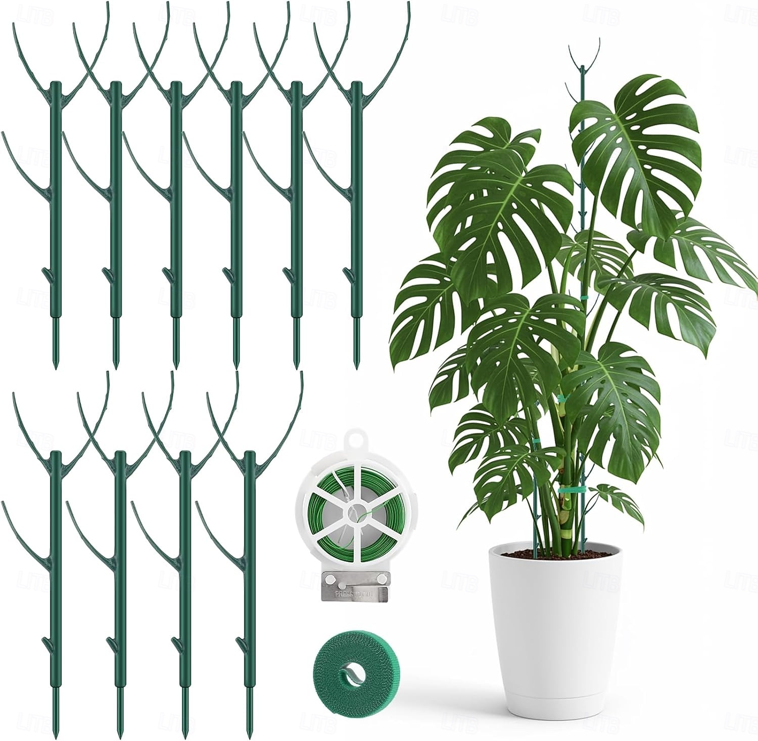 10 опор для растений, опоры для комнатных и уличных растений. 11-дюймовые опоры для растений с 20-метровыми подвязками, 5-метровые наклейки для вьющихся растений в горшках. 2026 - $16.99 –P1