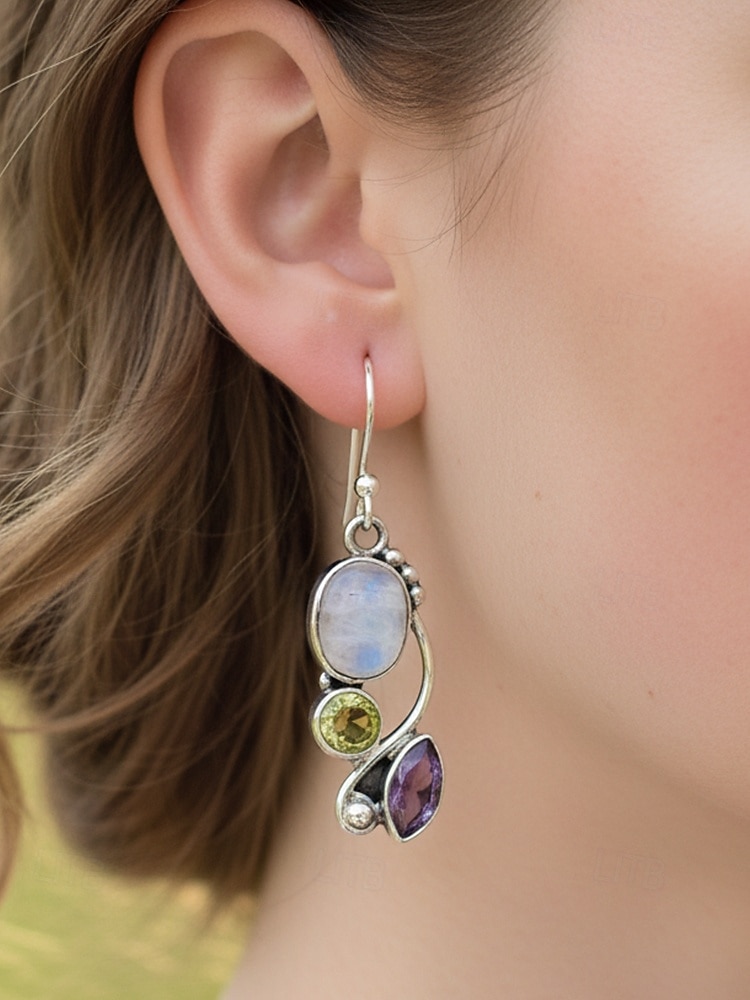 Женские серьги-подвески из лунного камня с винтажным серебряным дизайном, элегантные украшения в стиле бохо для вечеринок, свадеб и повседневной носки 2026 - $5.99 –P3
