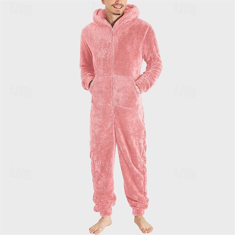 Men's Loungewear Bodysuits Sleepwear 1 PC Plain Warm Fashion Stylish Home Daily Bed Sherpa Polar Fleece Thermal Warm Comfort Soft Hoodie Long Sleeve Pocket Fall Winter Light Pink Black 2026 - $46.99 –P8