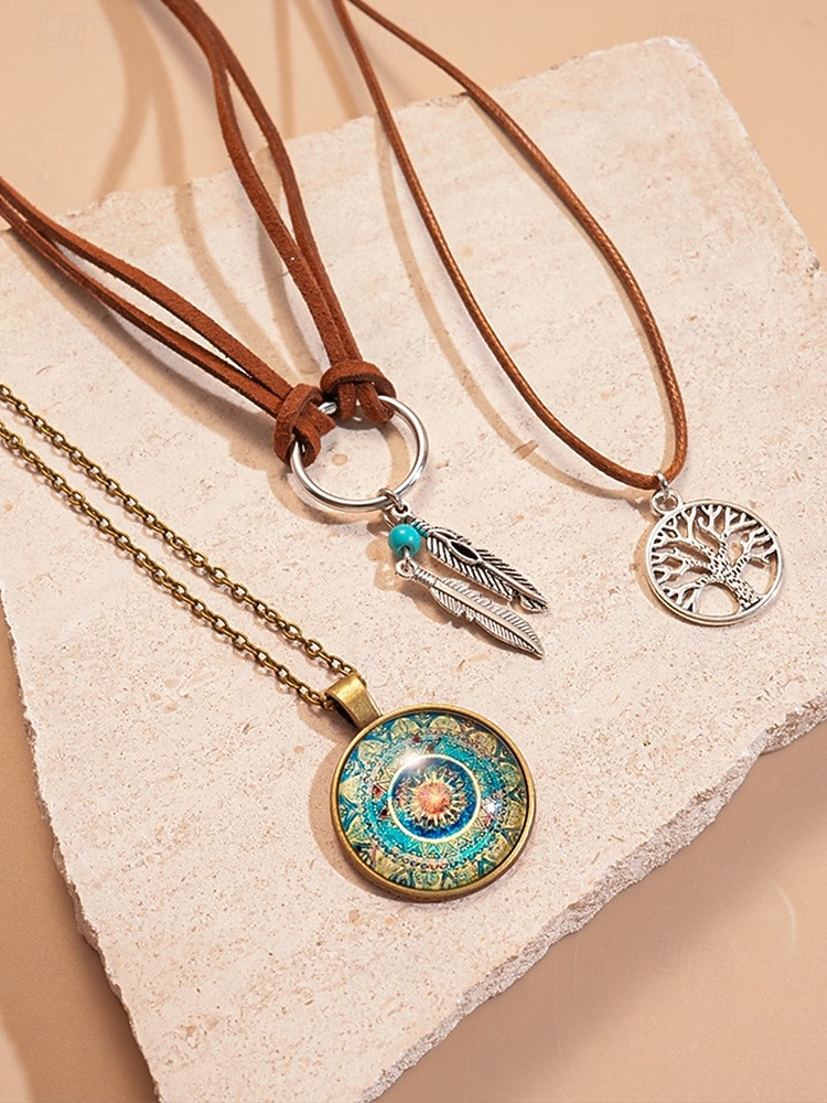 Γυναικείο μποέμ κολιέ με στρώσεις, τριπλό κόσμημα με φτερό, δέντρο της ζωής και vintage στρογγυλό γούρι για φεστιβάλ, πάρτι και casual ρούχα 2025 - $11.99 –P4