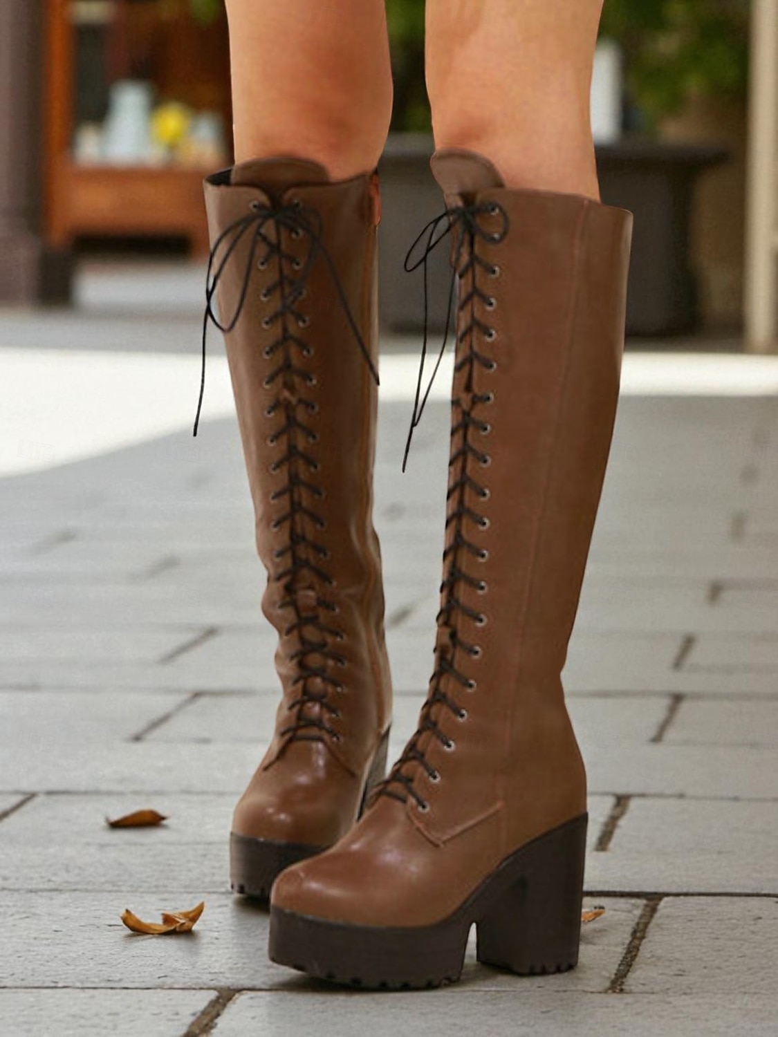 Svarta platåknähöga snörstövlar för kvinnor - gotiska stövlar i konstläder med grov klack för höst- och vinterstreetwear, vardagskläder och halloweenmode 2025 - $64.99 –P2