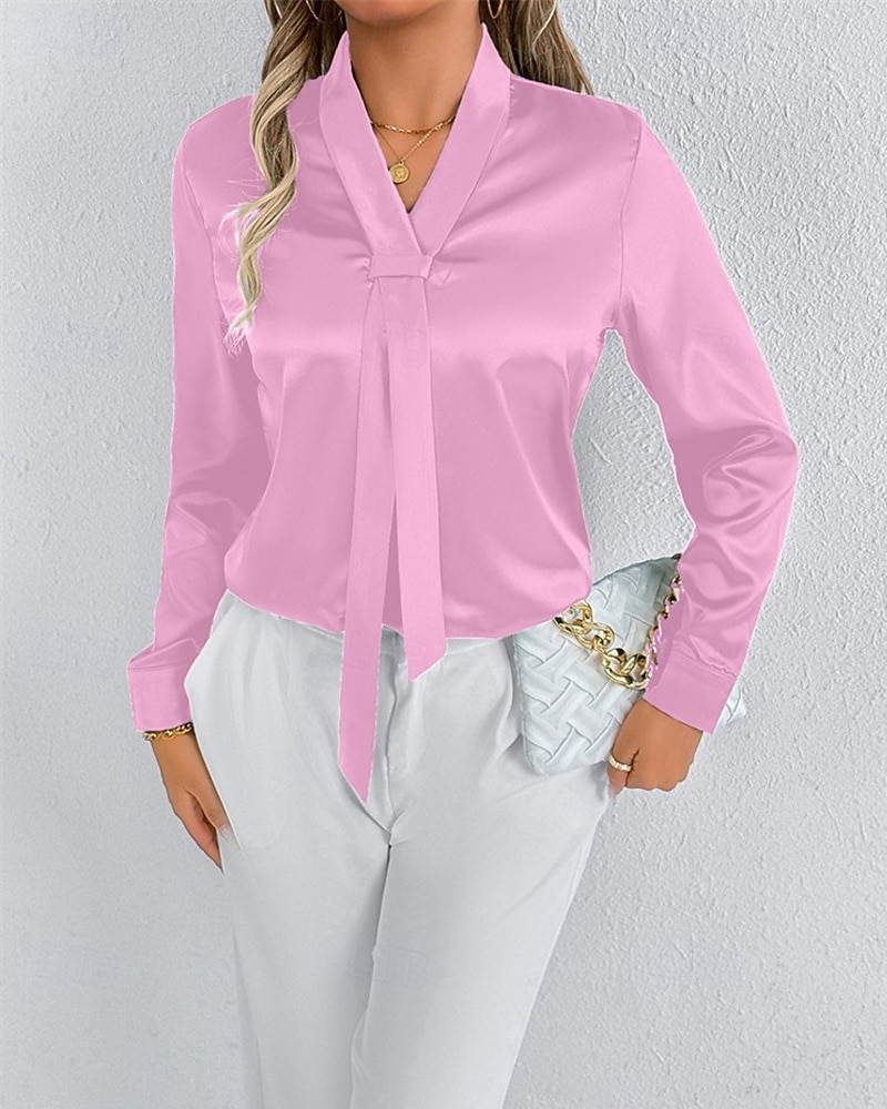 Per donna Camicia Camicia in raso Tinta unica Elegante Casual Manica Lunga Scollo a V Top Regolari Quotidiano Uscire Nodo frontale Rosa Rosso Primavera Autunno del 2025 a $18.99 –P6