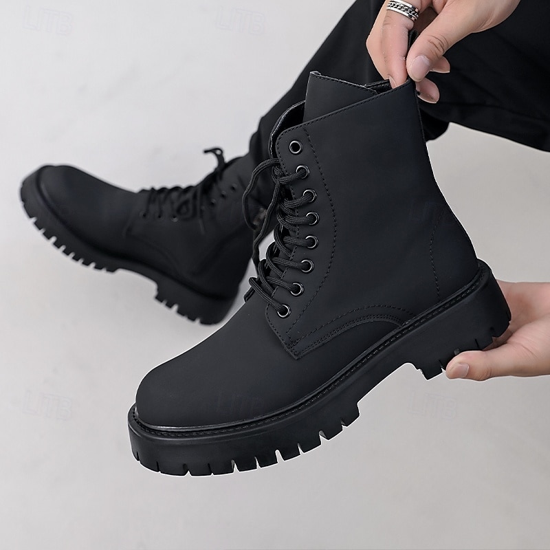Svarte herrestøvler med snøring og glidelås på siden til kamp, slitesterkt kunstskinn, militærinspirert stil for utendørs-, arbeids- og streetwear-mote 2025 - $59.99 –P4