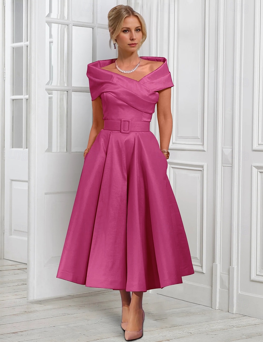 sachin and babi light blue dress A-Line Tea Length Cocktail Dresses Party Dresses Elegant Long Sleeve Off  Shoulder Garden Party Wedding Stretch Satin with Pleats 2026 main image 1