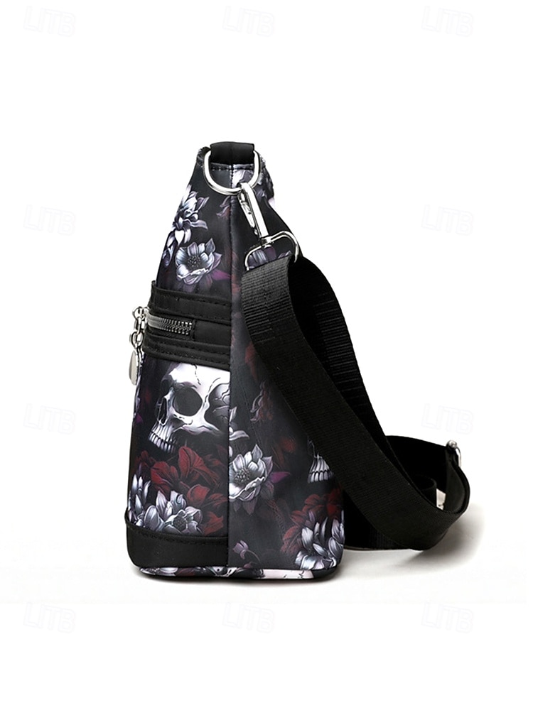 Borsa a tracolla da donna con stampa teschio – motivo floreale gotico, borsa casual in similpelle per feste di Halloween e uso quotidiano del 2025 a $18.99 –P7