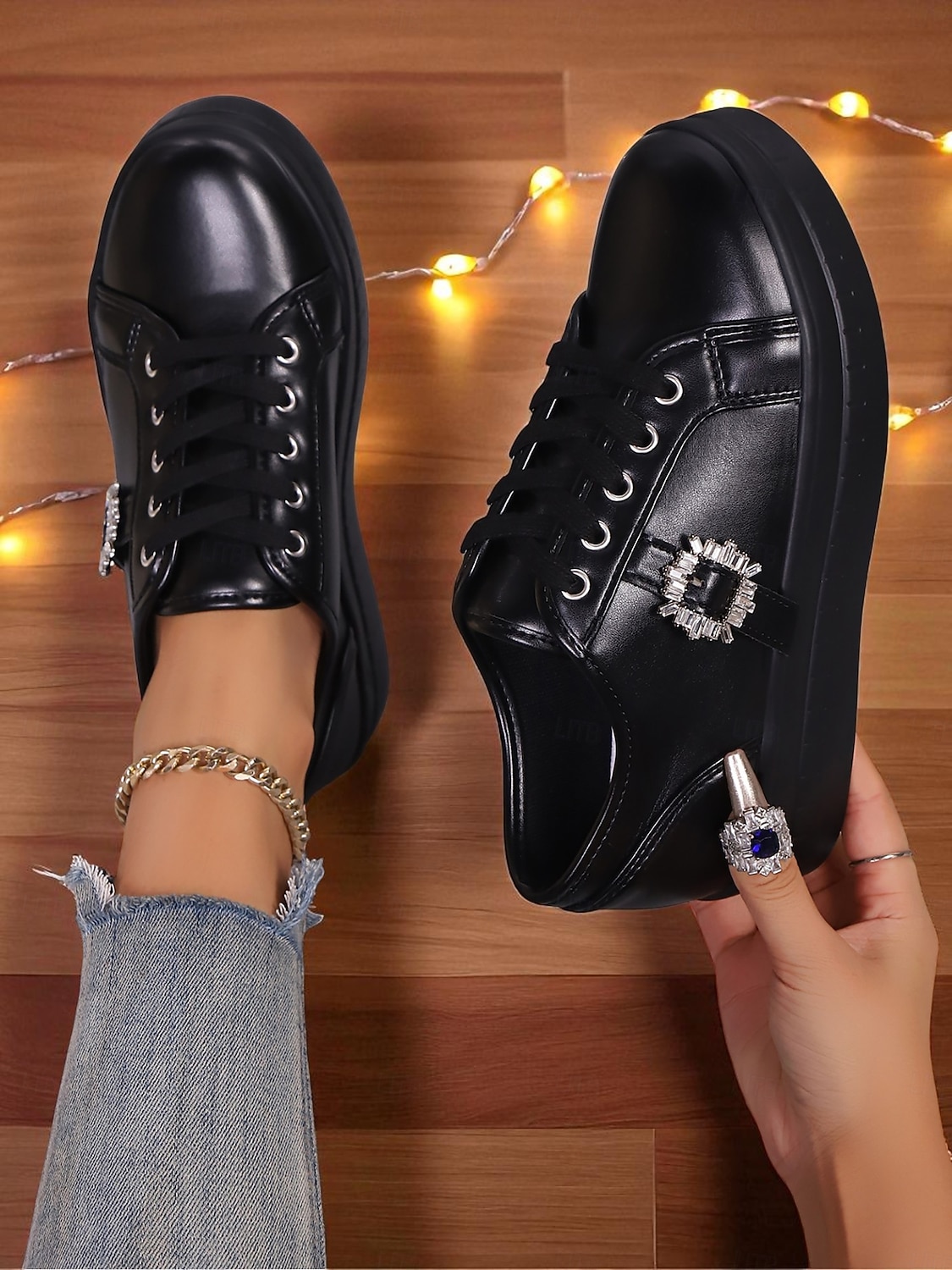 Women's Silver Metallic Lace-Up Sneakers with Rhinestone Buckle - Fashion Casual Shoes for Nightlife Parties and Club Outfits 2026 - $29.99 –P2