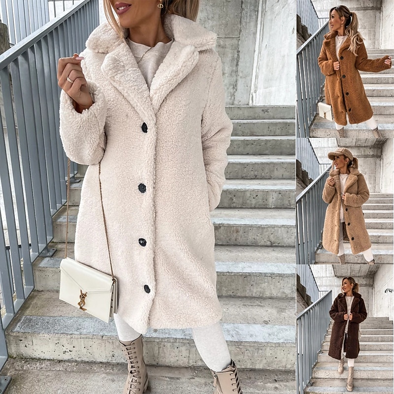 Dam Sherpajacka Bekväm Andningsfunktion Knappar Elegant Ledigt Slät Semester Gata Ledigt Dagliga kläder Enkelknäppt Lång Huva Normal Långärmad Ytterkläder Brun Kaki Beige Vår Höst 2025 - $34.99 –P6