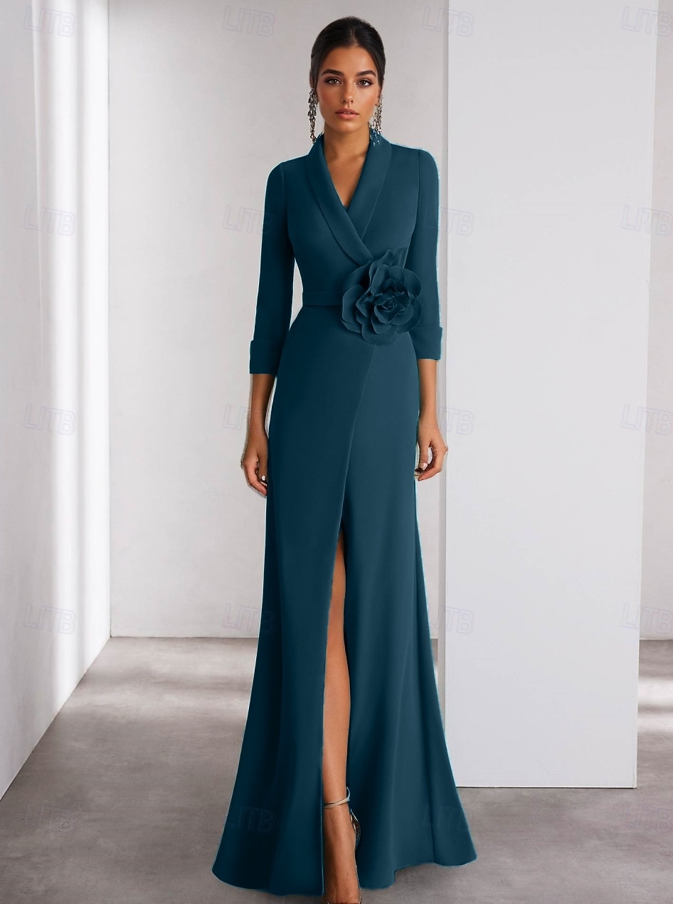 A-linjeformad aftonklänning Elegant klänning formell bröllop golvlängd lång ärm skjortkrage stretch crepe med slits axelblomma 2025 - $139.99 –P7