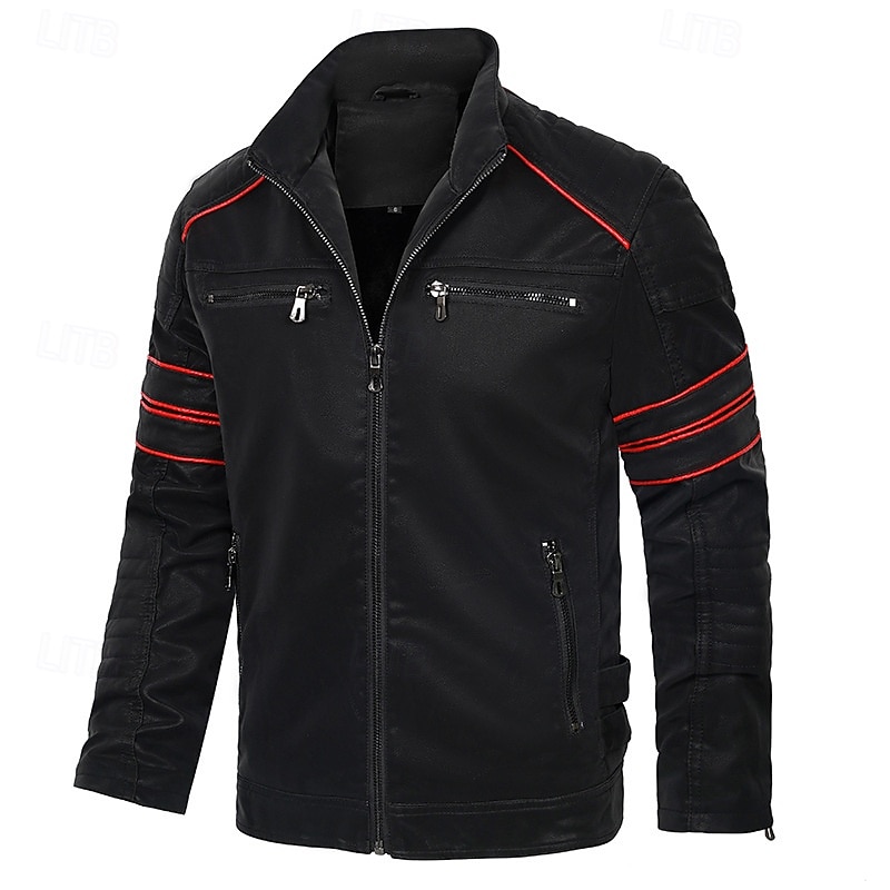 Men's Faux Leather Jacket Fleece Jacket Biker Jacket Motorcycle Jacket Vacation Daily Windproof Warm Patchwork Pocket Fall Winter Stripes Fashion Classic Stand Collar Regular Black Jacket 2026 - $82.99 –P3