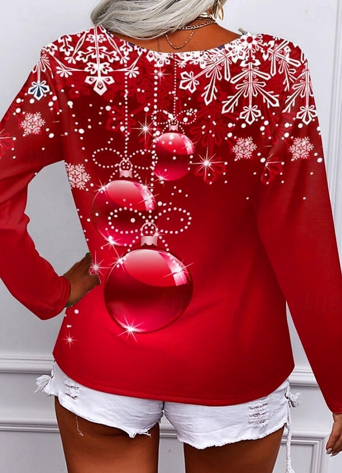 Noël Femmes T-shirt Graphique Noël ancien Élégant Classique manche longue Col en V Hauts Réguliers Quotidien Imprimé Rouge Bleu Violet Vert Gris Printemps Automne Hiver de 2025 ? $23.99 –P2